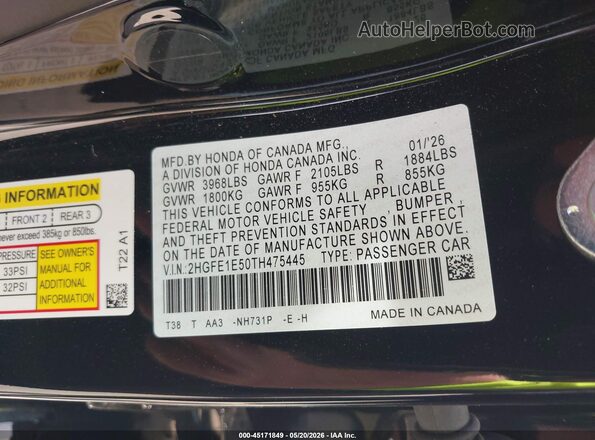 2HGFE1E50TH475445 2026 HONDA CIVIC SI Black Vista del compartimento del motor