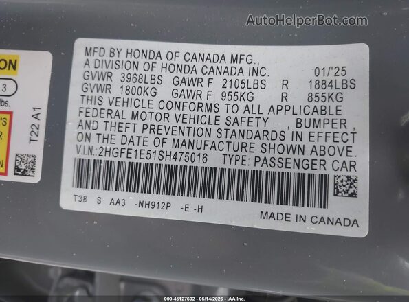 2HGFE1E51SH475016 2025 HONDA CIVIC Gray Widok komory silnika