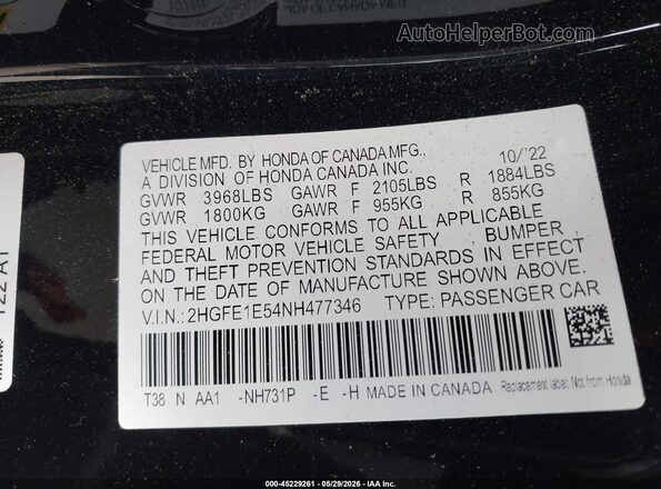 2HGFE1E54NH477346 2022 HONDA CIVIC Black ძრავის განყოფილების ხედი