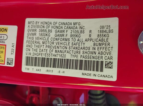 2HGFE1E55TH471620 2026 HONDA CIVIC Red Widok komory silnika