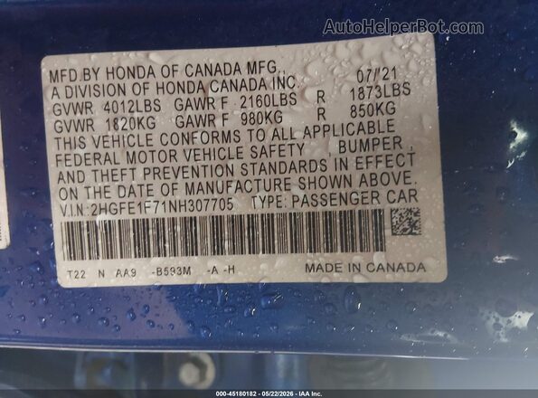 2HGFE1F71NH307705 2022 HONDA CIVIC Blue Вид підкапотного простору