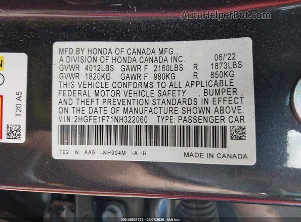2HGFE1F71NH322060 2022 HONDA CIVIC Серый Вид подкапотного пространства