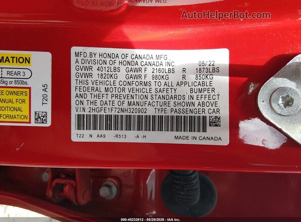 2HGFE1F72NH320902 2022 HONDA CIVIC Red Vista del compartimento del motor