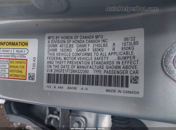 2HGFE1F72NH322360 2022 HONDA CIVIC Blue 