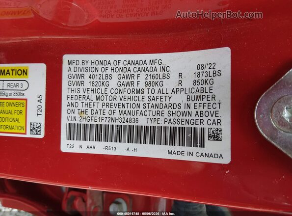 2HGFE1F72NH324836 2022 HONDA CIVIC Red 