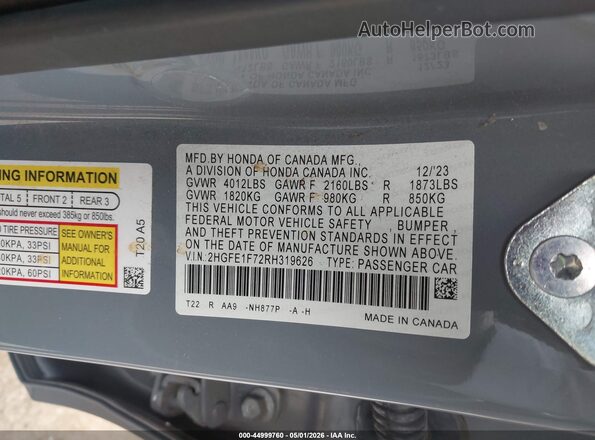 2HGFE1F72RH319626 2024 HONDA CIVIC Серый Вид подкапотного пространства