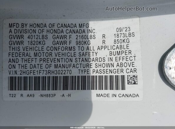 2HGFE1F73RH302270 2024 HONDA CIVIC White Շարժիչի բաժամունքի տեսք