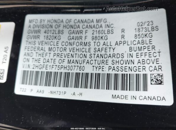 2HGFE1F75PH307760 2023 HONDA CIVIC Black Widok komory silnika
