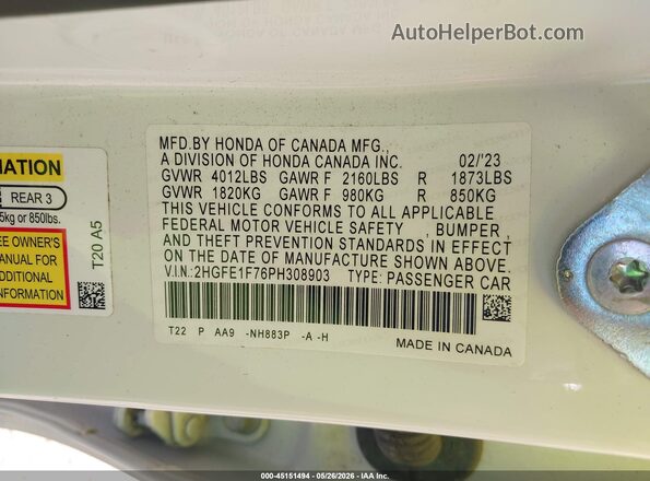 2HGFE1F76PH308903 2023 HONDA CIVIC Белый Вид подкапотного пространства