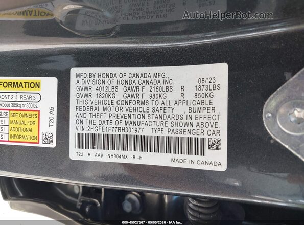 2HGFE1F77RH301977 2024 HONDA CIVIC Gray 