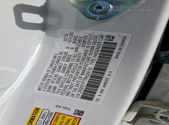 2HGFE1F77RH329133 2024 HONDA CIVIC White VIN კოდის სტიკერის ხედი