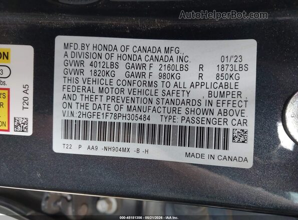 2HGFE1F78PH305484 2023 HONDA CIVIC Gray Вид підкапотного простору