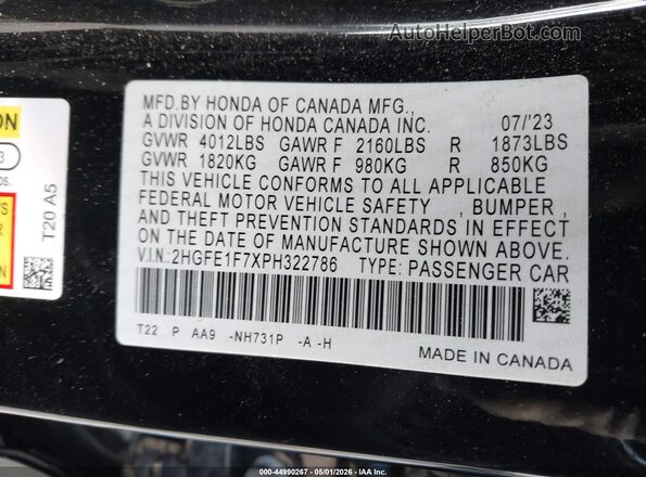 2HGFE1F7XPH322786 2023 HONDA CIVIC Черный Вид подкапотного пространства
