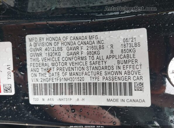 2HGFE1F91NH301520 2022 HONDA CIVIC Черный Вид подкапотного пространства