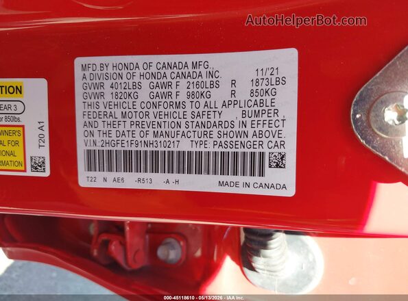 2HGFE1F91NH310217 2022 HONDA CIVIC Red ძრავის განყოფილების ხედი