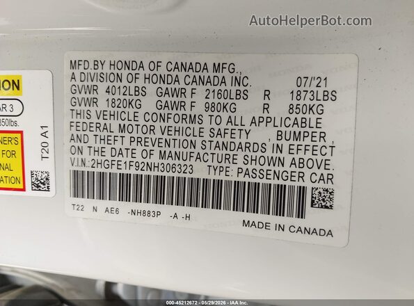 2HGFE1F92NH306323 2022 HONDA CIVIC White ძრავის განყოფილების ხედი
