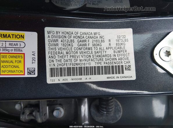2HGFE1F92NH316110 2022 HONDA CIVIC Gray Շարժիչի բաժամունքի տեսք