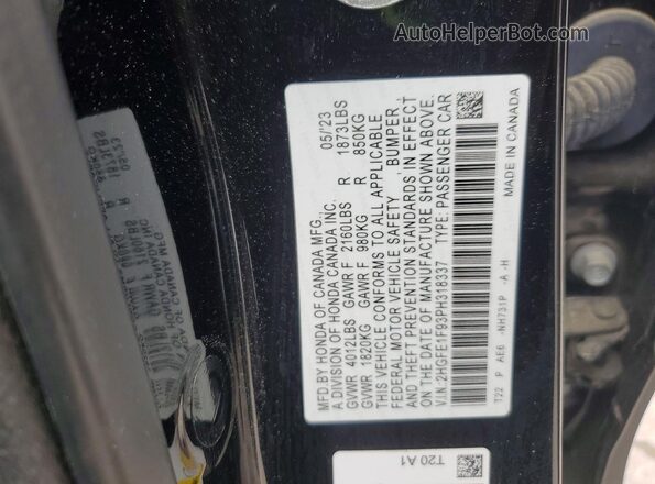 2HGFE1F93PH318337 2023 HONDA CIVIC Black Widok naklejki z numerem VIN