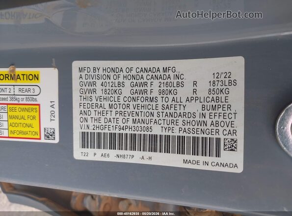 2HGFE1F94PH303085 2023 HONDA CIVIC Серый Вид подкапотного пространства