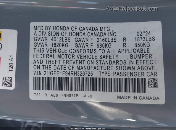 2HGFE1F94RH326725 2024 HONDA CIVIC Gray Engine compartment view