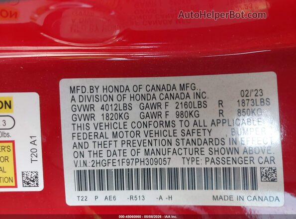 2HGFE1F97PH309057 2023 HONDA CIVIC Red Vista del compartimento del motor