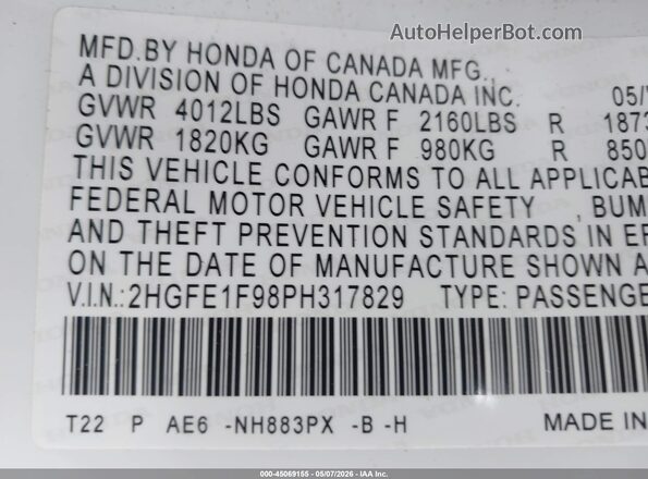 2HGFE1F98PH317829 2023 HONDA CIVIC White Вид підкапотного простору