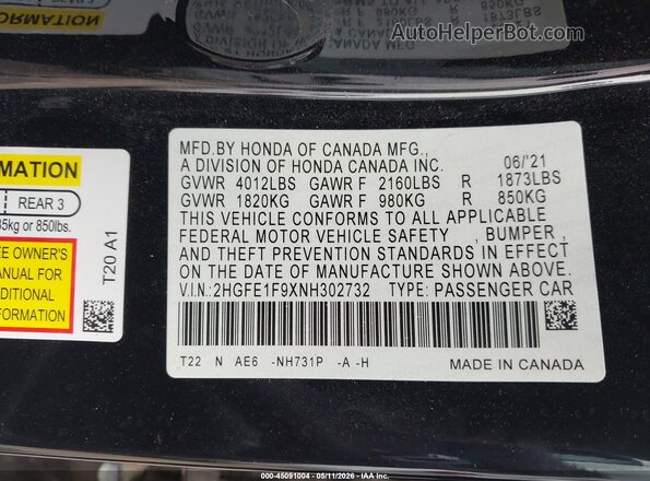2HGFE1F9XNH302732 2022 HONDA CIVIC Black ძრავის განყოფილების ხედი