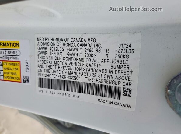 2HGFE1F9XRH322971 2024 HONDA CIVIC White Вид наклейки з VIN-кодом
