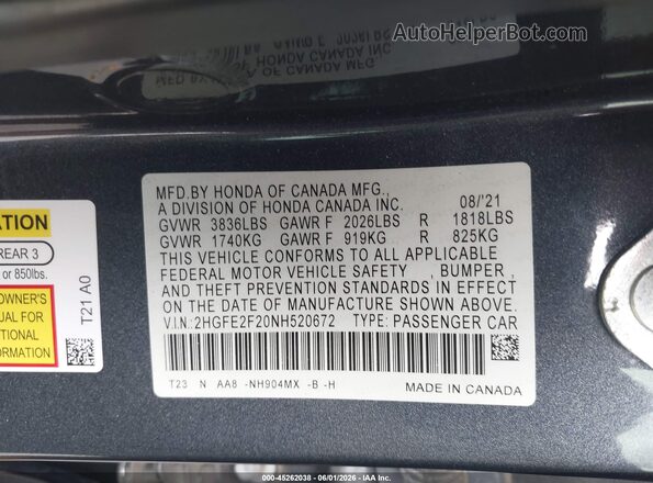 2HGFE2F20NH520672 2022 HONDA CIVIC Gray 