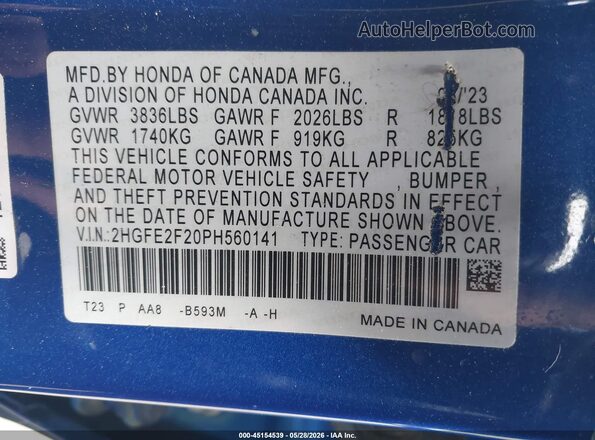 2HGFE2F20PH560141 2023 HONDA CIVIC Blue Вид підкапотного простору