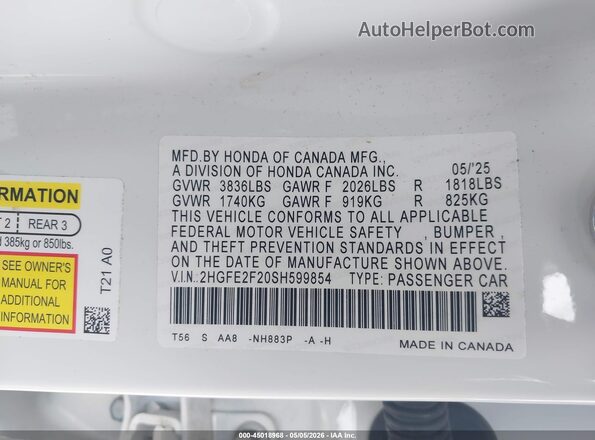 2HGFE2F20SH599854 2025 HONDA CIVIC Yellow Շարժիչի բաժամունքի տեսք
