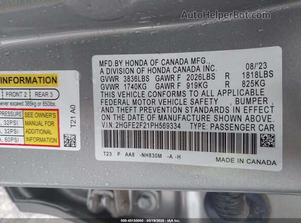 2HGFE2F21PH569334 2023 HONDA CIVIC Silver Вид підкапотного простору