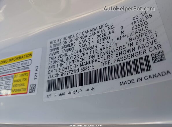 2HGFE2F21RH558515 2024 HONDA CIVIC White Շարժիչի բաժամունքի տեսք