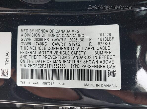 2HGFE2F21TH552558 2026 HONDA CIVIC Black Շարժիչի բաժամունքի տեսք