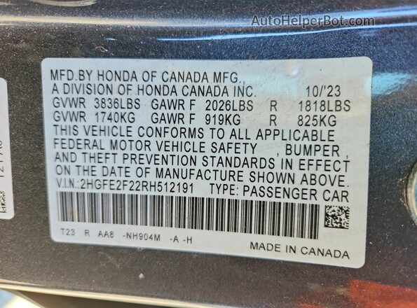 2HGFE2F22RH512191 2024 HONDA CIVIC Серый Вид наклейки с VIN-кодом