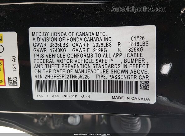 2HGFE2F22TH555226 2026 HONDA CIVIC Black Widok komory silnika