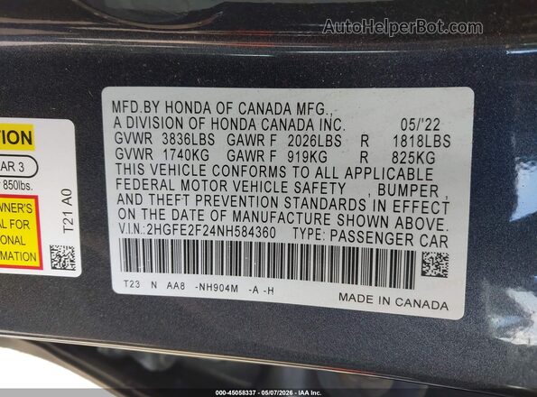 2HGFE2F24NH584360 2022 HONDA CIVIC Gray Вид підкапотного простору