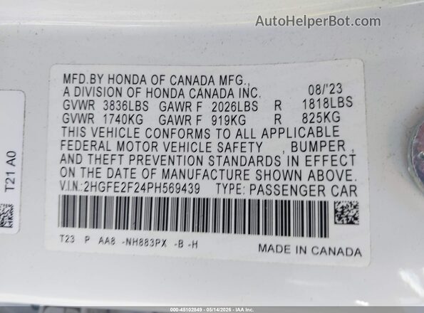 2HGFE2F24PH569439 2023 HONDA CIVIC White ძრავის განყოფილების ხედი