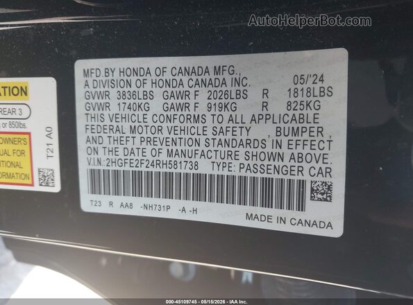 2HGFE2F24RH581738 2024 HONDA CIVIC Black Вид підкапотного простору