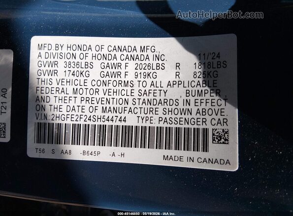 2HGFE2F24SH544744 2025 HONDA CIVIC Blue Շարժիչի բաժամունքի տեսք