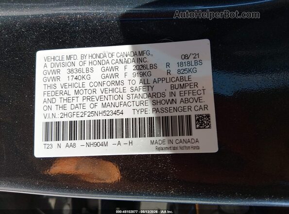 2HGFE2F25NH523454 2022 HONDA CIVIC Gray Widok komory silnika