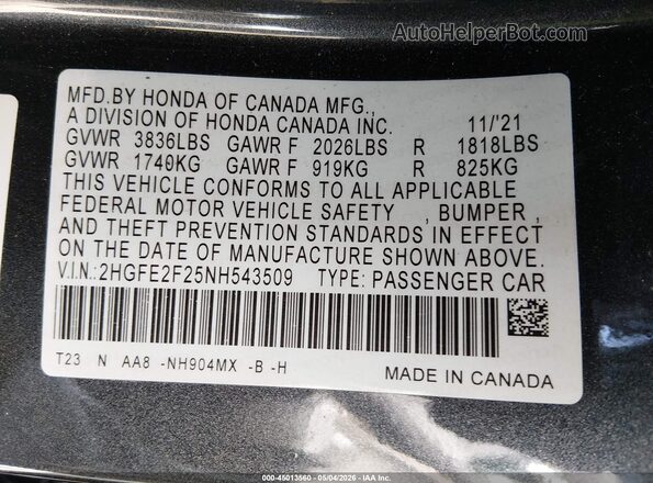 2HGFE2F25NH543509 2022 HONDA CIVIC Gray Շարժիչի բաժամունքի տեսք