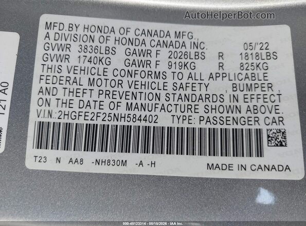 2HGFE2F25NH584402 2022 HONDA CIVIC Silver Engine compartment view