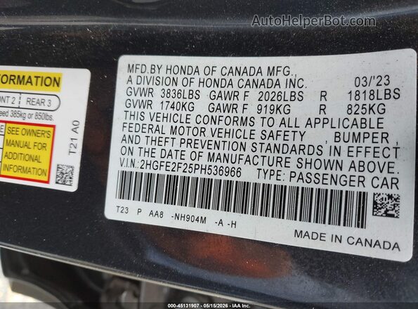 2HGFE2F25PH536966 2023 HONDA CIVIC Gray Engine compartment view
