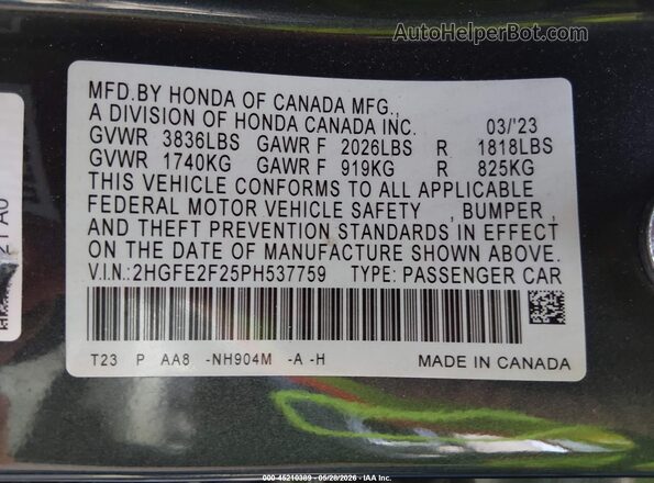 2HGFE2F25PH537759 2023 HONDA CIVIC Gray Շարժիչի բաժամունքի տեսք