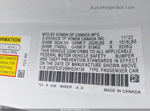 2HGFE2F25RH524139 2024 HONDA CIVIC White 