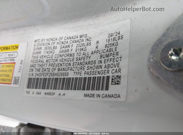 2HGFE2F25SH528858 2025 HONDA CIVIC White ძრავის განყოფილების ხედი