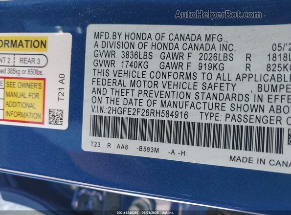 2HGFE2F26RH584916 2024 HONDA CIVIC Blue Vista del compartimento del motor