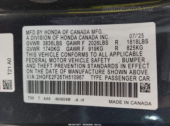 2HGFE2F26TH510967 2026 HONDA CIVIC Gray Շարժիչի բաժամունքի տեսք