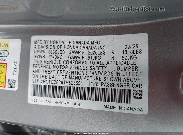 2HGFE2F26TH526554 2026 HONDA CIVIC Silver Widok komory silnika